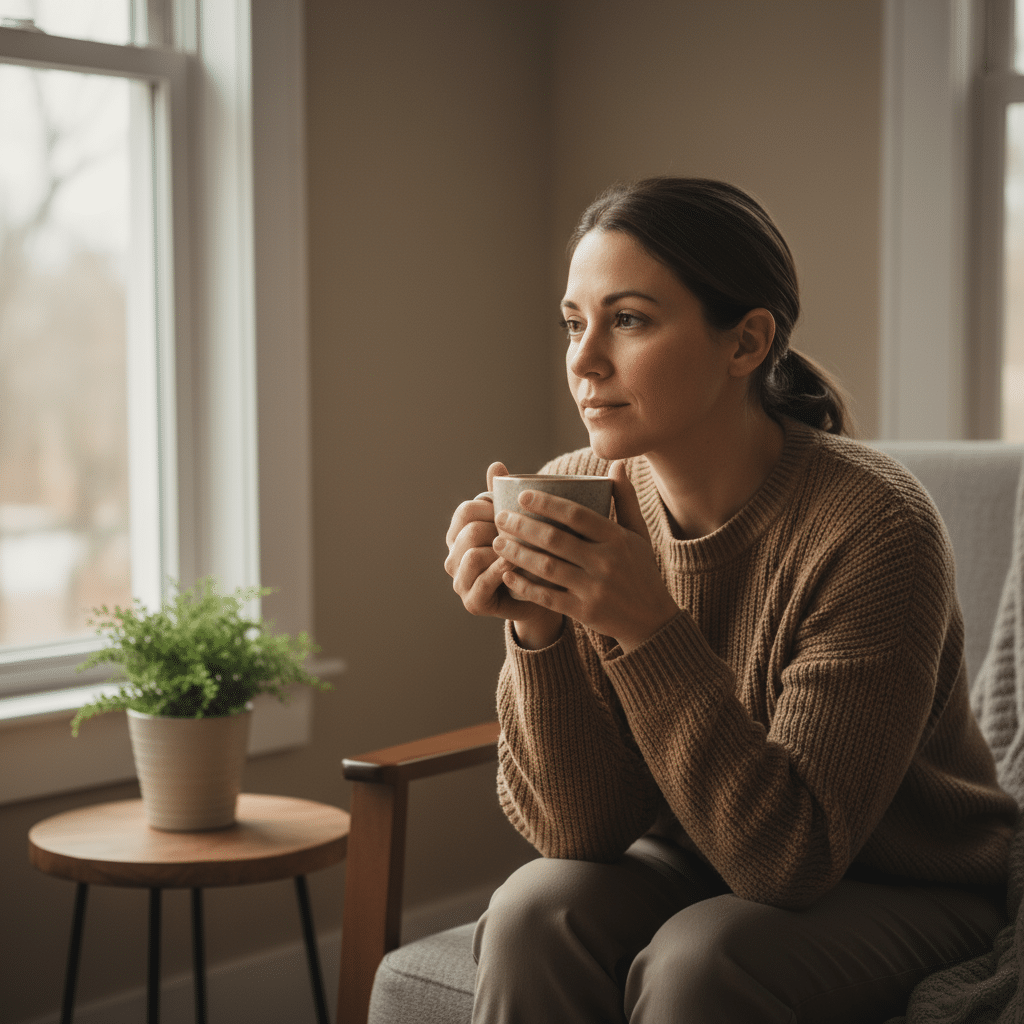 A parent sitting by a window with a thoughtful expression, holding a cup of tea and reflecting