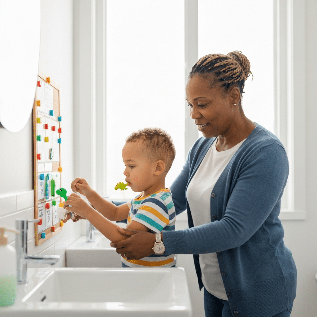 Everyday Parenting an autistic child: A parent using a visual schedule with their autistic child during a calm morning routine