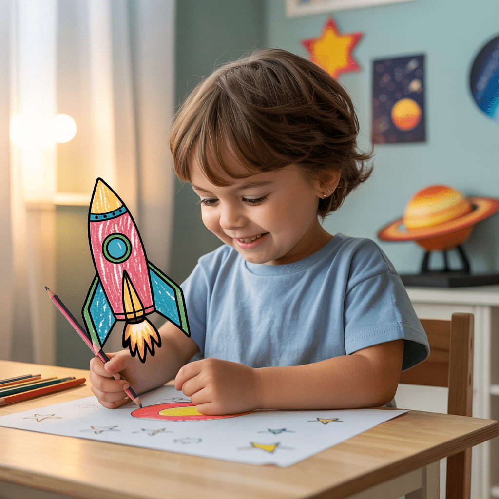 Helping an Autistic Child Thrive: self-care, Thriving and self-advocacy:autistic child happily drawing space rockets at a desk, surrounded by colored pencils and star drawings