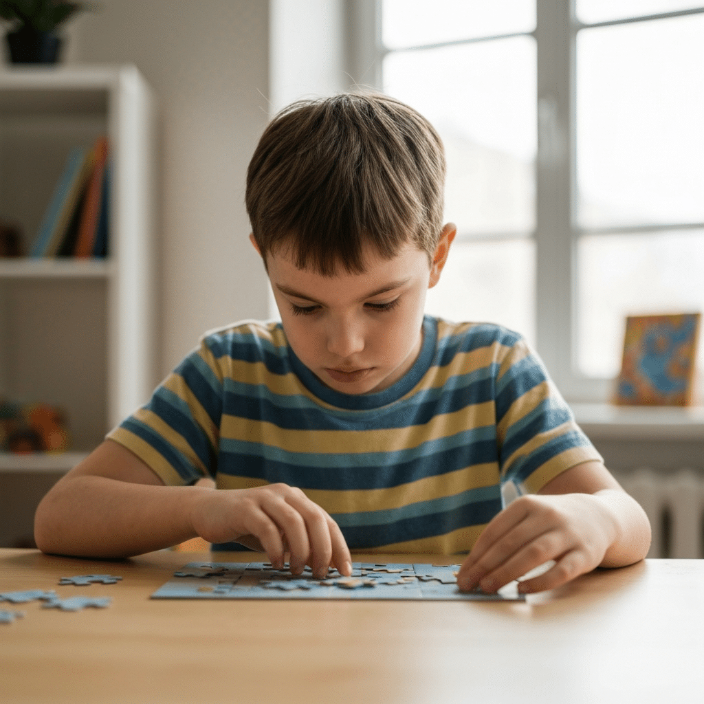 Parenting an autistic child:Autistic child quietly focusing on a puzzle at a table, with soft natural light in the background