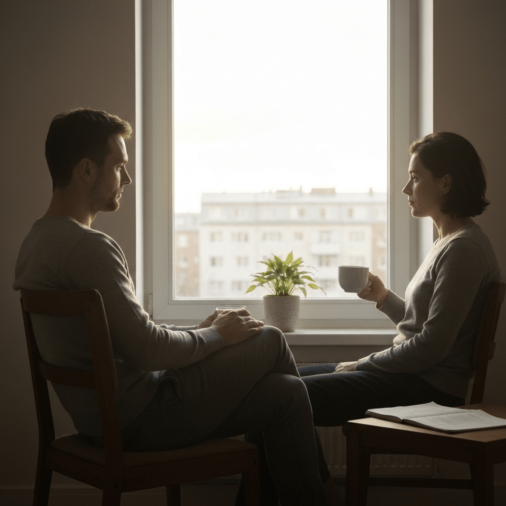 A parent sitting by a window with a thoughtful expression, holding a cup of tea and reflecting