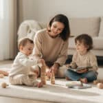 Parent playing on the floor with baby and toddler during baby and toddler development playtime.