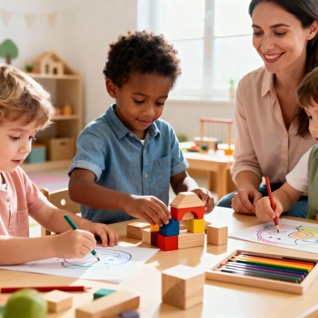 Young children aged 3 to 5 playing together and learning social skills through creative activities