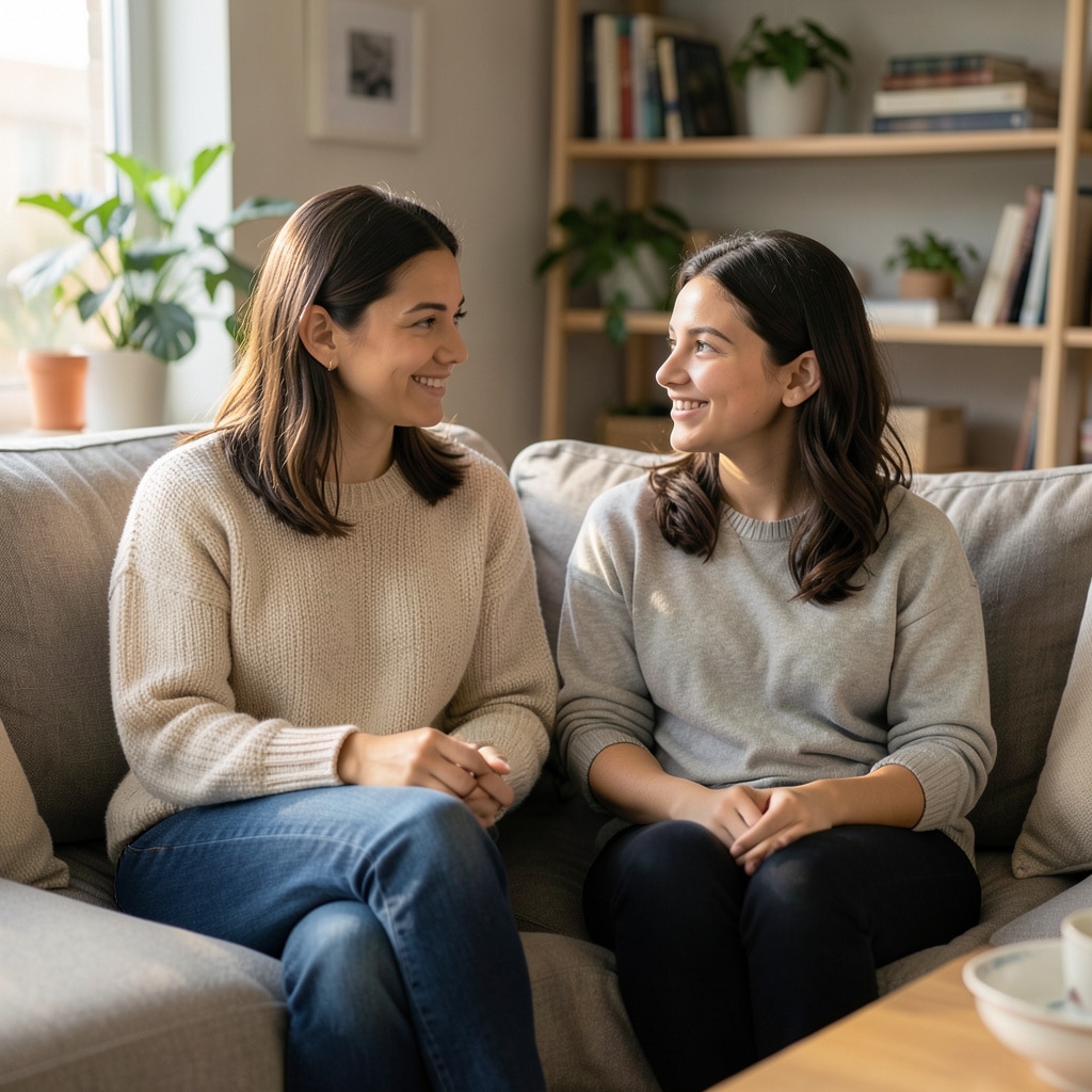 Parent talking with their teen on the sofa, showing understanding adolescence and supporting teen emotions.
